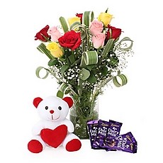 5 dairy Milk chocolates+Teddy+12 Mix Roses