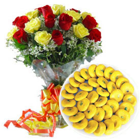 1/2 Kg. Peddas and 12 red yellow roses