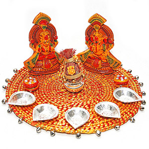 Diwali Puja Thali with 5 diya Ganesh Laxmi idols Roli chawal