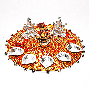 Diwali Puja Thali with 5 diya Ganesh Laxmi idols Roli chawal