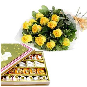 1/2 Kg Mix Barfi and 12 Yellow roses