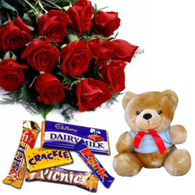 12 Red Roses+Teddy + 5 Cadburys Chocolates