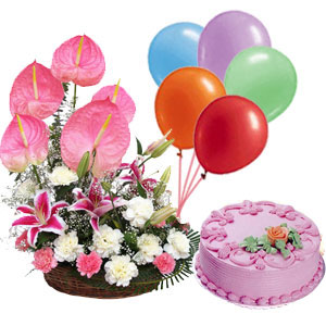 Birthday Flower Cake on Kg Strawberry Cake 6 Balloons 24 Pink Anthuriums Carnation Basket