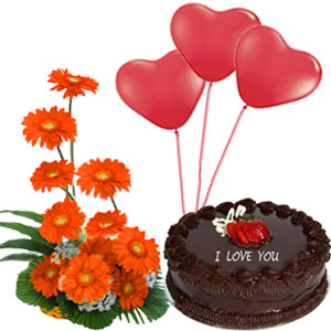 1/2 Kg Chocolate Cake+3 Red Heart Balloons+12 Orange Gerberas Basket