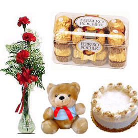 3 Red Roses Vase + Teddy + 1/2 Kg Cake + 16 Ferrero rochers