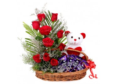 Teddy, Heart, Chocolates and a Rose in a Basket