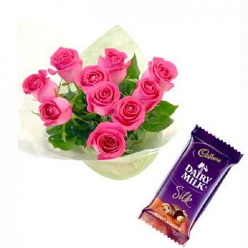 2 dairy Milk chocolates+12 Pink Roses 