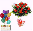 Dozen Red Roses with Balloons & Christmas Card