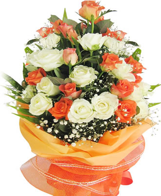 Center Table Arrangement of 24 orange and white Roses