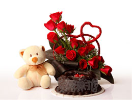 Teddy+ 24 red Roses Basket+1/2 Kg Cake