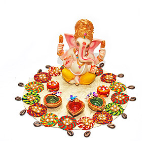 Diwali Puja Thali with 5 diya Ganesh idol Roli chawal
