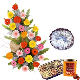 1/2 kg Dry fruits Box of chocolates 1/2 kg Kaju katli 30 Gerberas basket