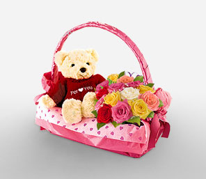 Teddy and 12 Pink roses basket