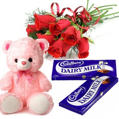 2 Cadburys Dairy Milk Teddy 12 Red roses bunch