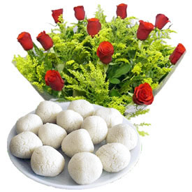 1 Kg. Rasgulla and 12 red roses