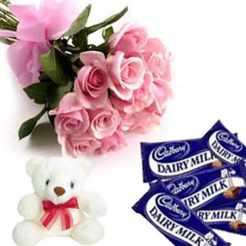 Teddy 12 Pink Roses 4 Dairy Milk