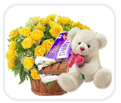 4 Cadburys Dairy Milk Teddy 12 yellow roses basket