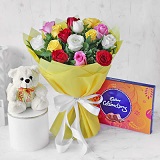 12 mix Roses Basket Teddy Celebration Box