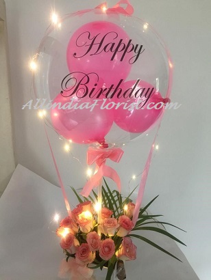 Birthday Balloon & 12 Pink Roses Bouquet