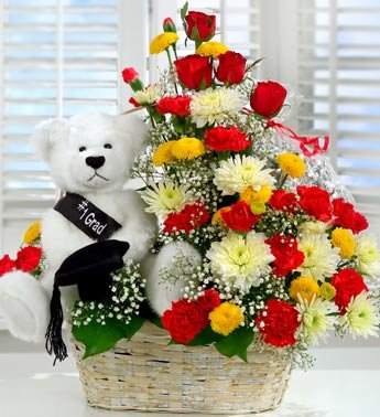 Teddy, 2 dozen Mix Flowers in same basket