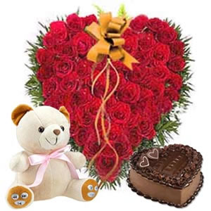 50 Heart shaped roses+1 kg cake+teddy