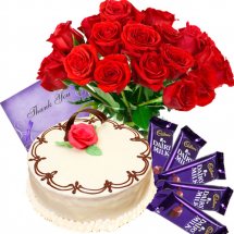 24 red roses basket+4 temptation chocolates+1 kg Cake+card