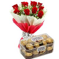 12 Red Roses and Box of 16 pieces Fererro Rocher Chocolates