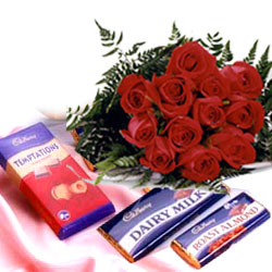 12 Red Roses +Three cadburys chocolates