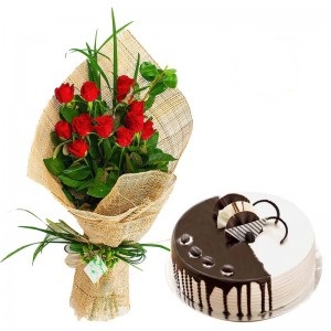 12 red Roses Vase + Card + 1/2 Kg Butterscotch Cake