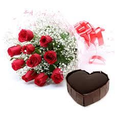 12 red Roses  + Card + 1Kg Heart Chocolate Cake