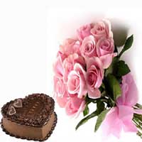 24 Pink Roses Basket+1 Kg Heart Cake