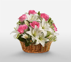 24 Pink roses and White Liliums in a Basket