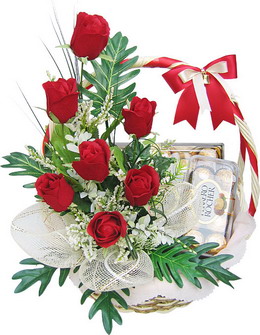 Ferrero rocher 16 piece box with 6 red roses in a basket