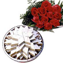 1 Kg. kaju Barfi and 12 red roses